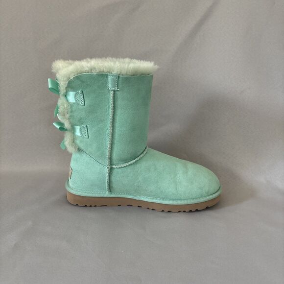Women's UGG Boots Sz 7 Bailey Bow SFSP Aqua Suede Coquette Light Green Blue - Picture 7 of 16
